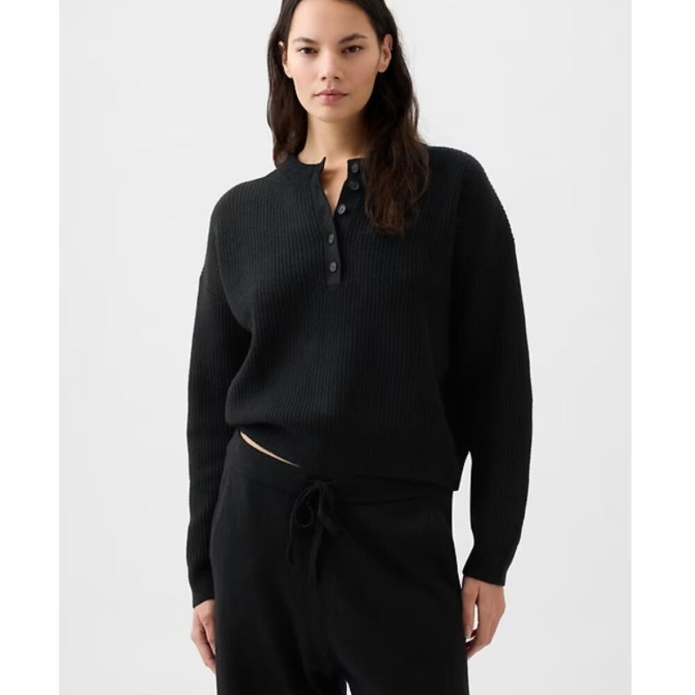 GAP Black CashSoft Ribbed Henley Sweater XXL Cotton Blend Cropped Boxy Oversized